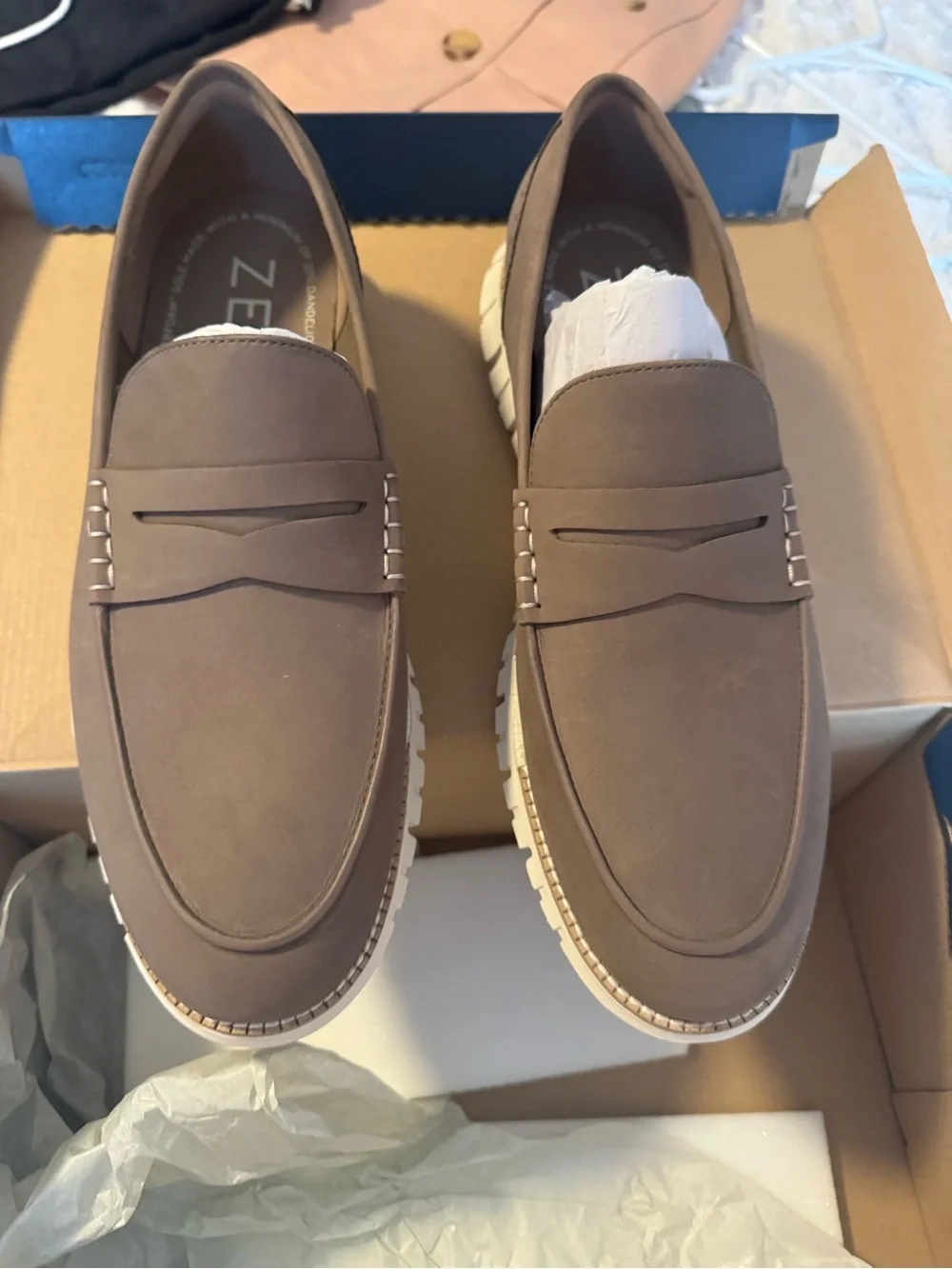 New Cole Haan men’s ZerøGrand Taupe Penny Loafers